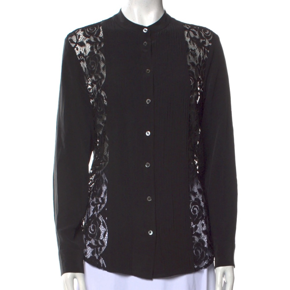 EQUIPMENT Femme Size S / Black Silk & Lace Pleated Bib Band Collar Blouse Shirt